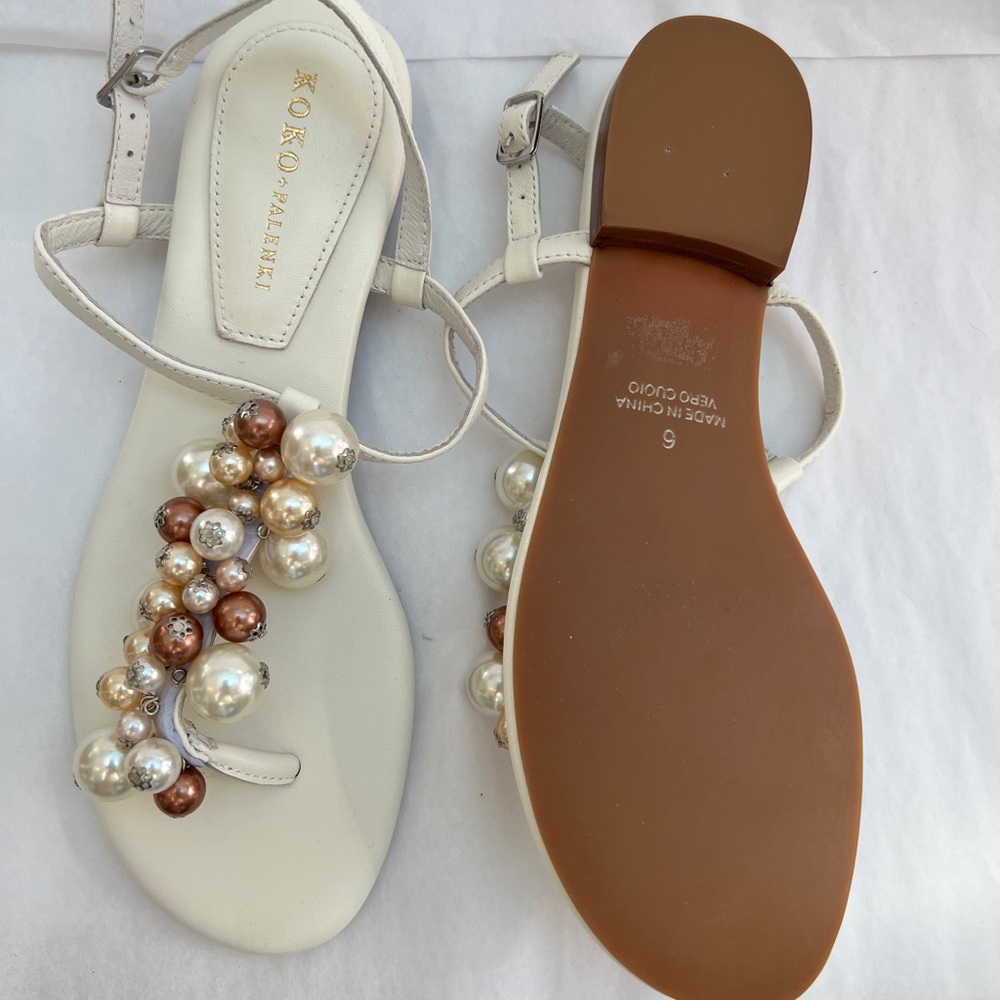 Cream sandal with champagne, toned, colorful, ornament, balls, rubber sole